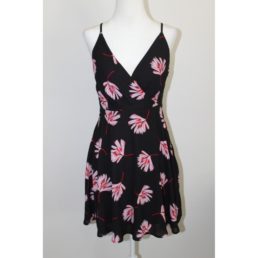 Express Women's Black Pink Tropical Leaf Print Fit &‎ Flare Mini Dress XS